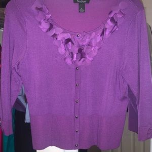 White House Black Market Purple Cardigan with floral embellishment. Size L.